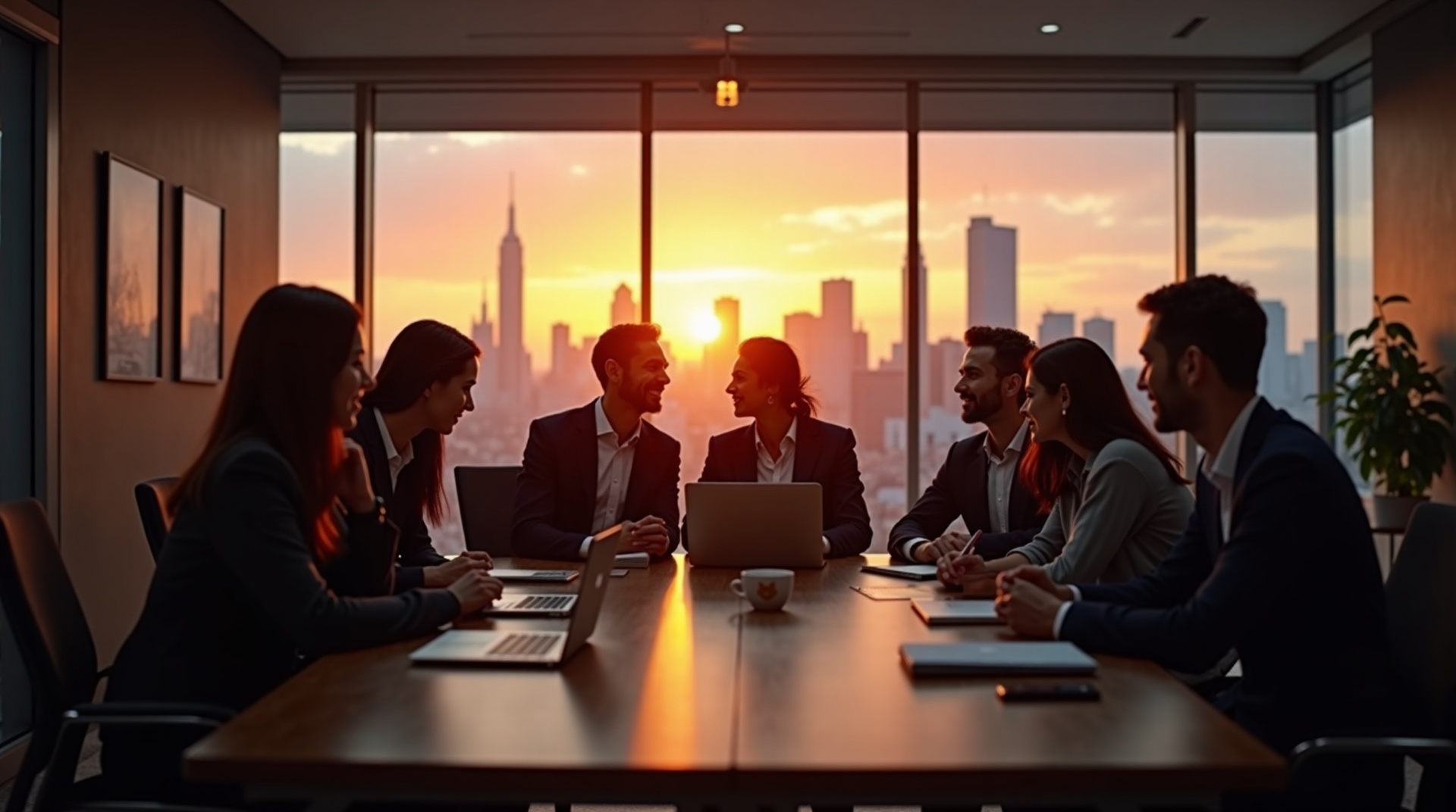 Equipe de empresários e consultores financeiros colaborando em ambiente de trabalho moderno ao pôr do sol.