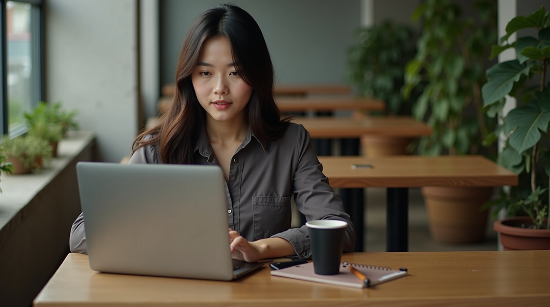 A young female entrepreneur of Asian descent, in professional attire, working on a laptop at a cafe. The cafe has an urban chic decor, with wooden tables and green plants in the background. The image is bathed in natural sunlight from large windows, creating a vibrant atmosphere. She appears focused and engaged, with a notebook and coffee cup beside her. Captured with an 85mm lens for a cinematic, shallow depth of field effect. 
