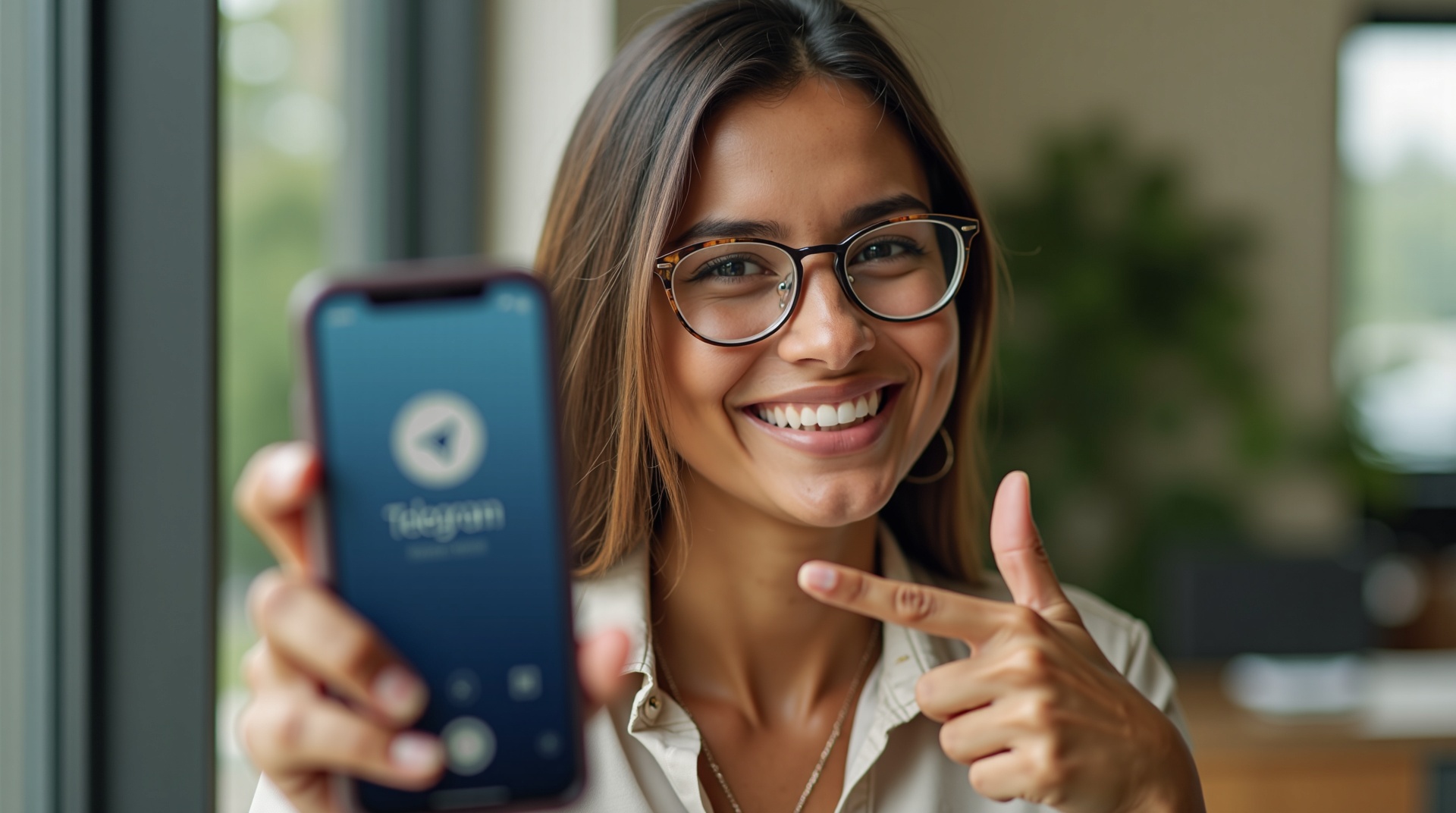 Mulher mostrando o ícone do Telegram no smartphone