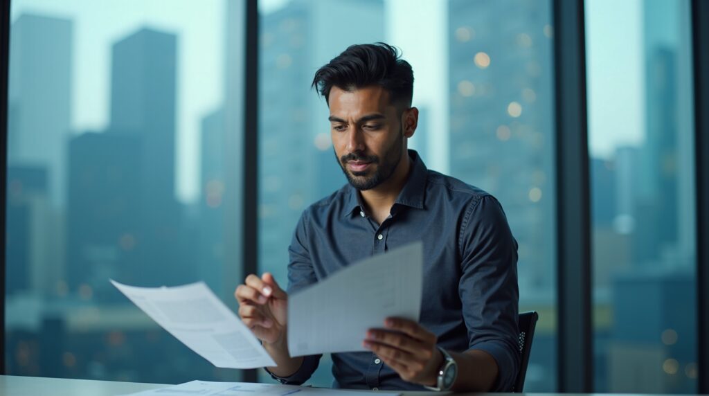 An entrepreneur of mixed ethnicity aged in his 30s is confidently reviewing bu 1778606265