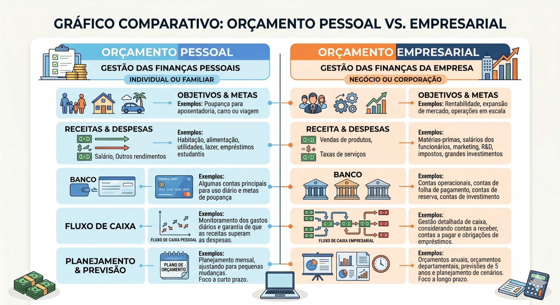 Comparação de orçamento pessoal e empresarial