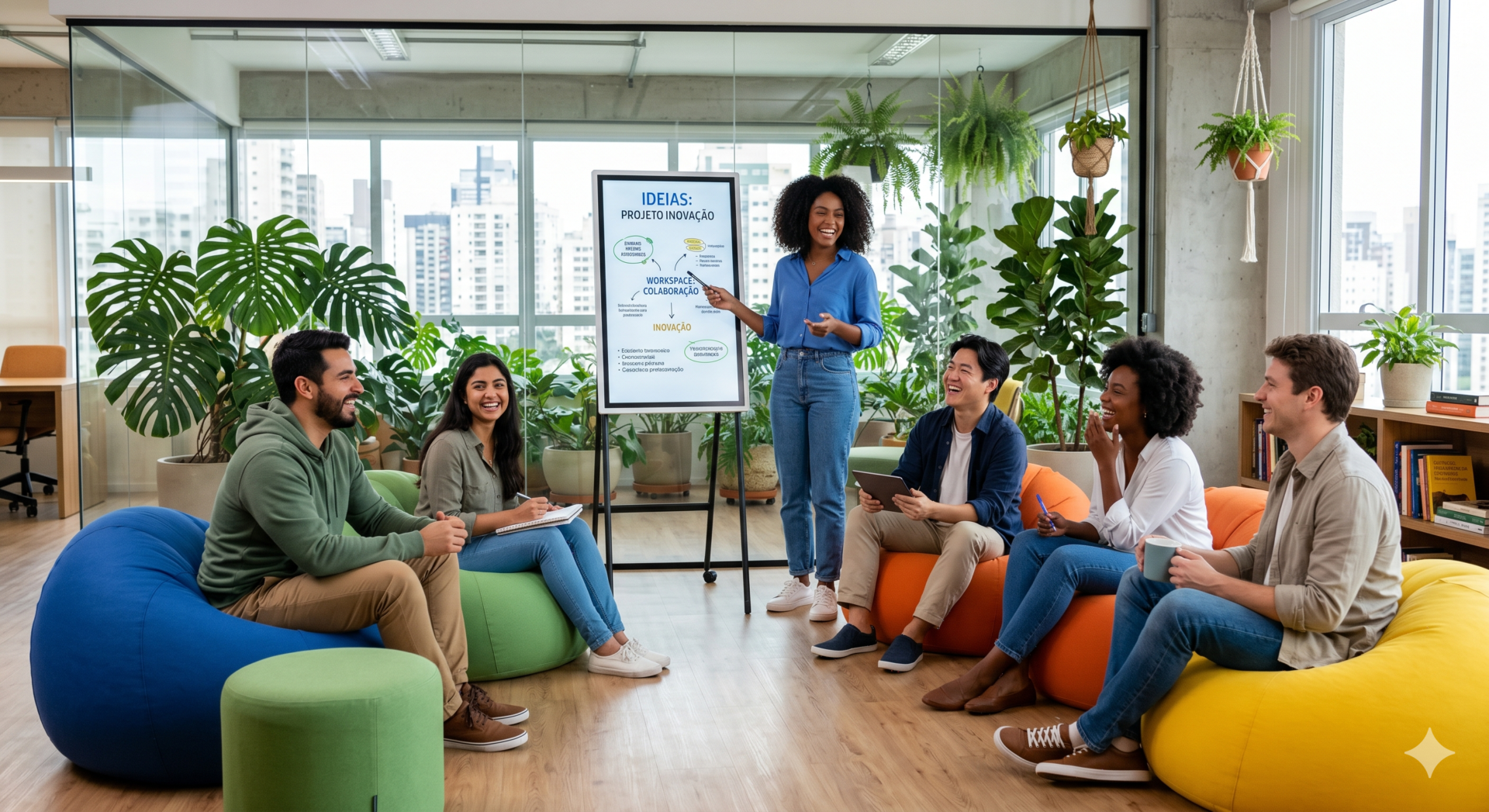Equipe colaborativa e motivada em ambiente de trabalho moderno