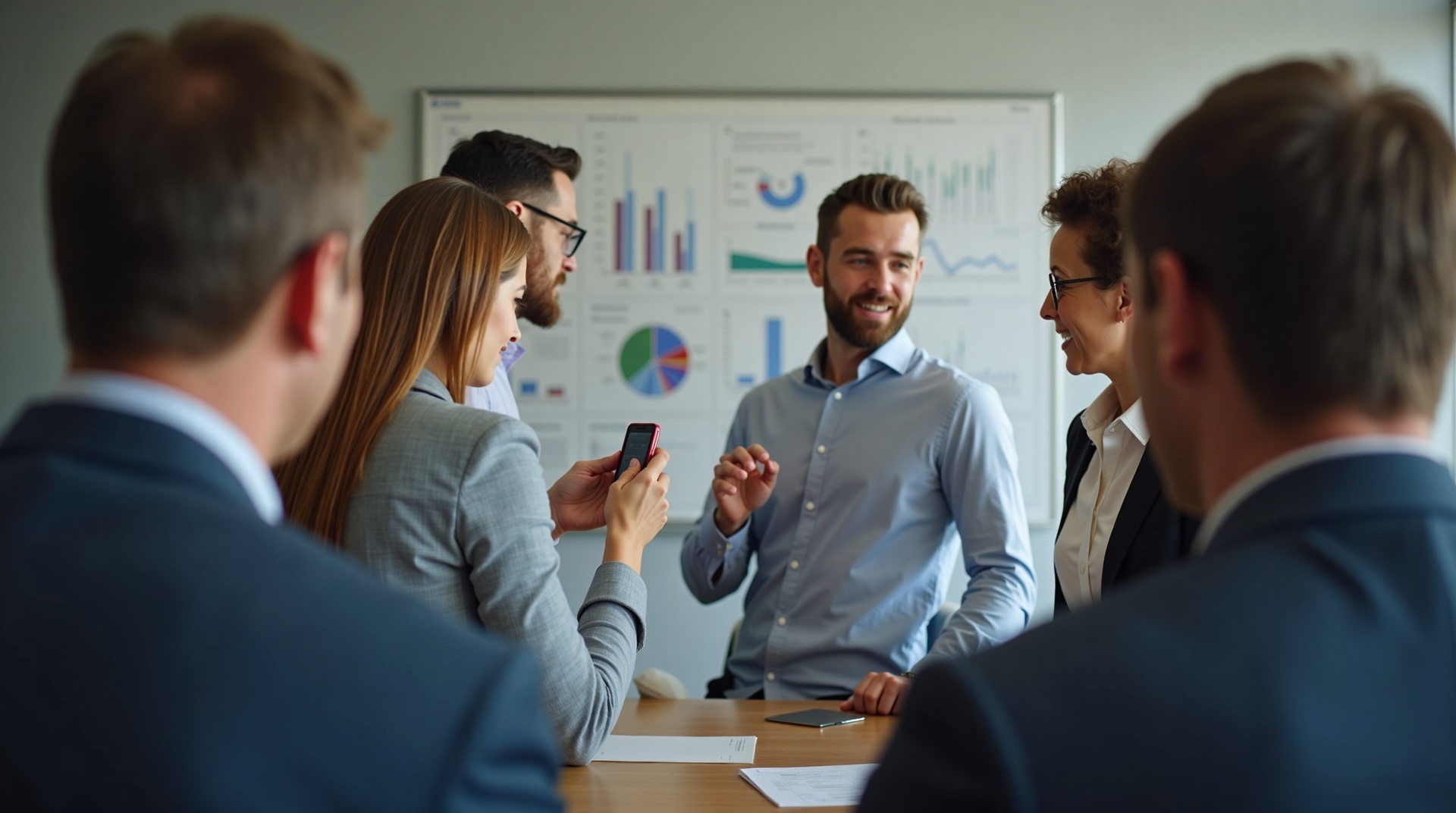 Equipe de consultores reunida em sala de conferência, analisando gráficos e discutindo estratégias em um quadro branco