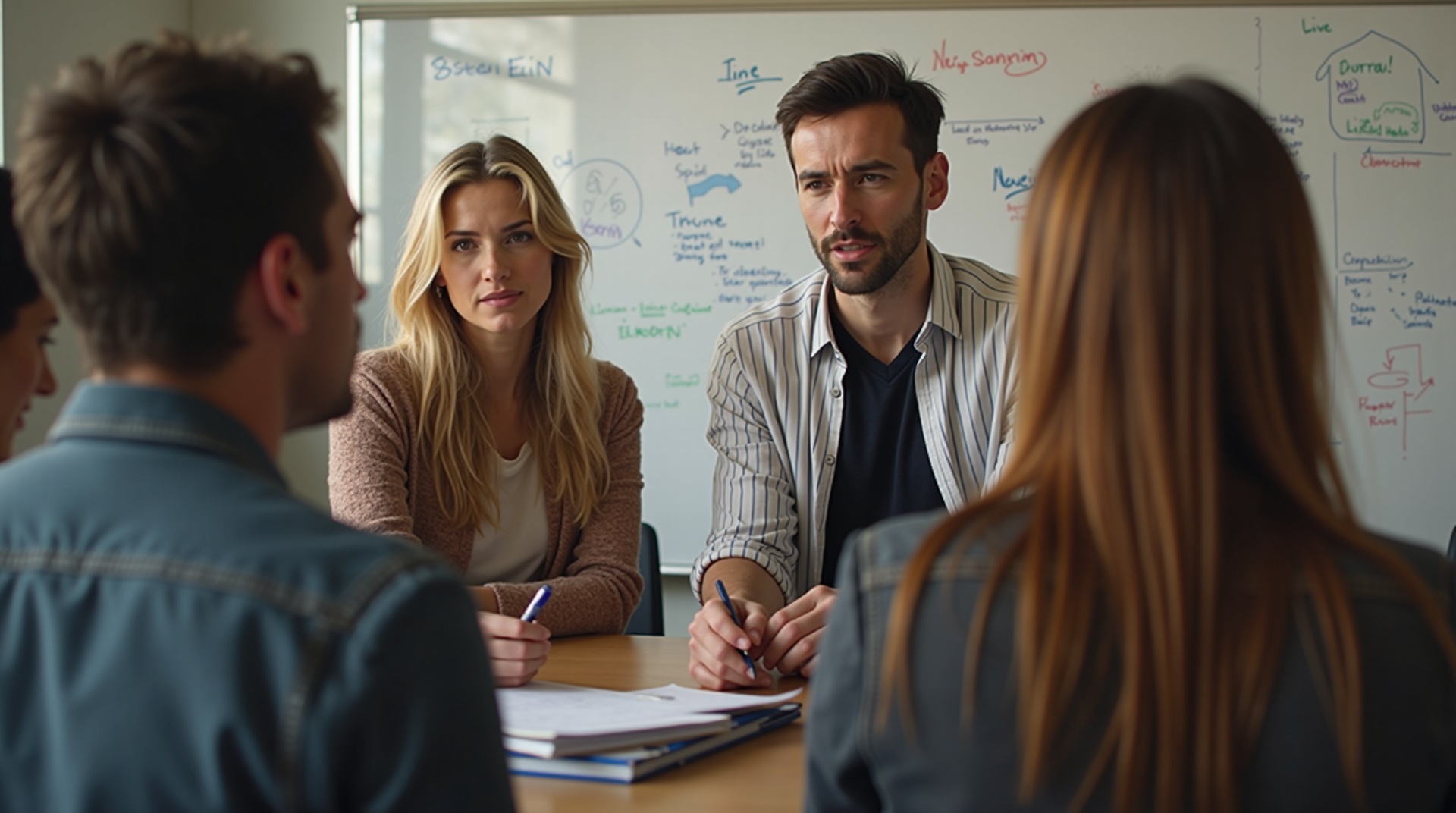 Equipe de trabalho em uma reunião de planejamento com gráficos e anotações em um quadro branco. Ambiente colaborativo e moderno