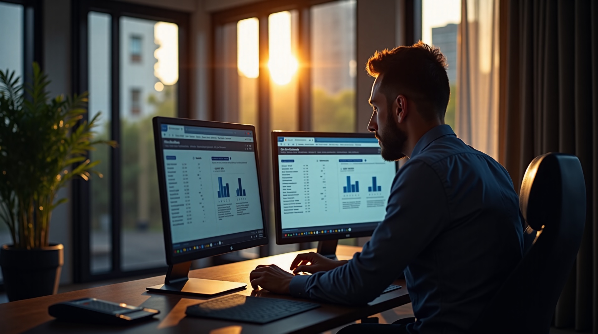 Escritório moderno com dois monitores, um exibindo um software de gestão financeira e outro com uma planilha detalhada. Luz natural suave entrando pela janela, destacando o ambiente organizado e profissional. 