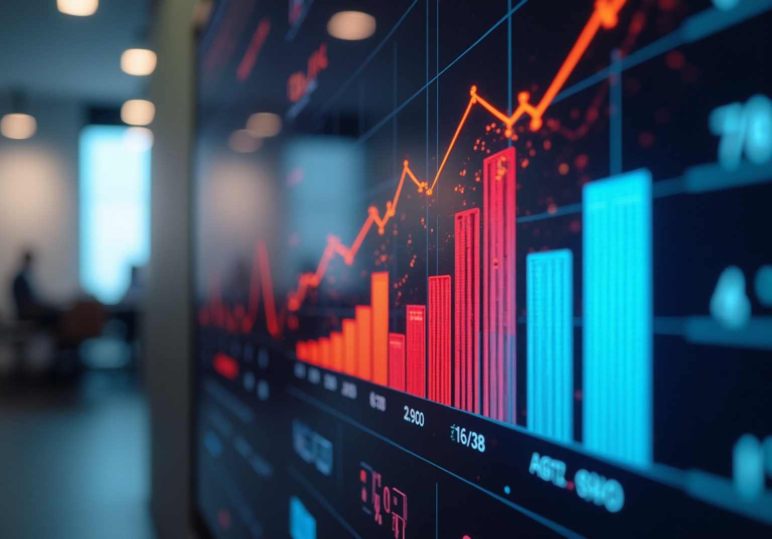 Gráfico de barras mostrando a evolução de KPIs ao longo do tempo, com cores vibrantes e legendas claras, simbolizando o acompanhamento contínuo do desempenho