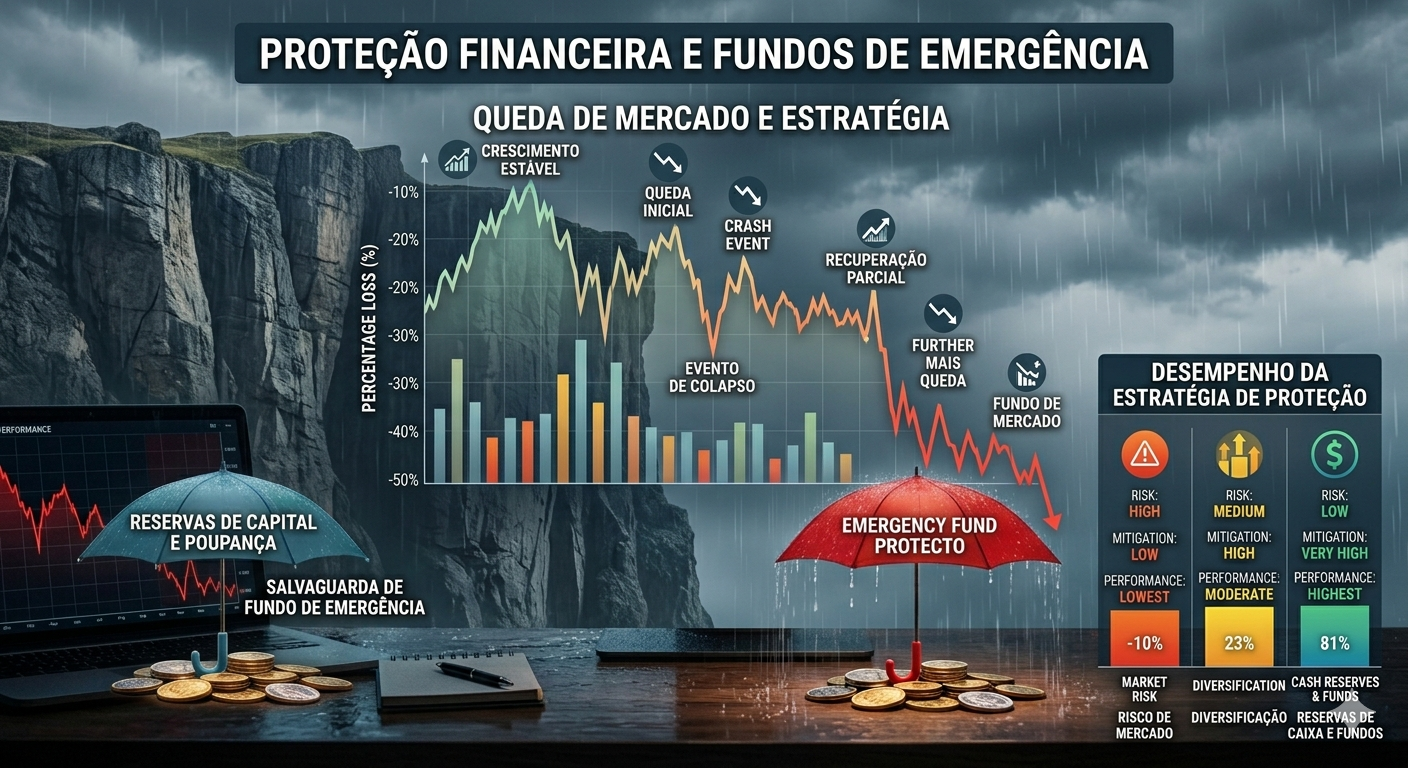 Gráfico financeiro em queda com guarda-chuva protegendo moedas, simbolizando reserva de emergência