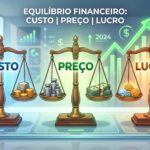 Ilustração de balanças equilibradas representando Custo, Preço e Lucro com gráficos financeiros ao fundo