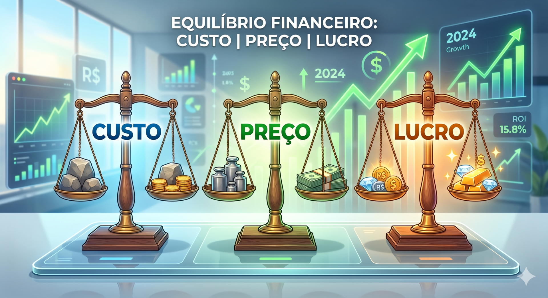 Ilustração de balanças equilibradas representando Custo, Preço e Lucro com gráficos financeiros ao fundo