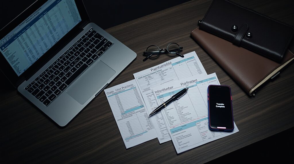 Mesa de escritório organizada com laptop, calculadora financeira e documentos de pró-labore, simbolizando gestão contábil de autoridade