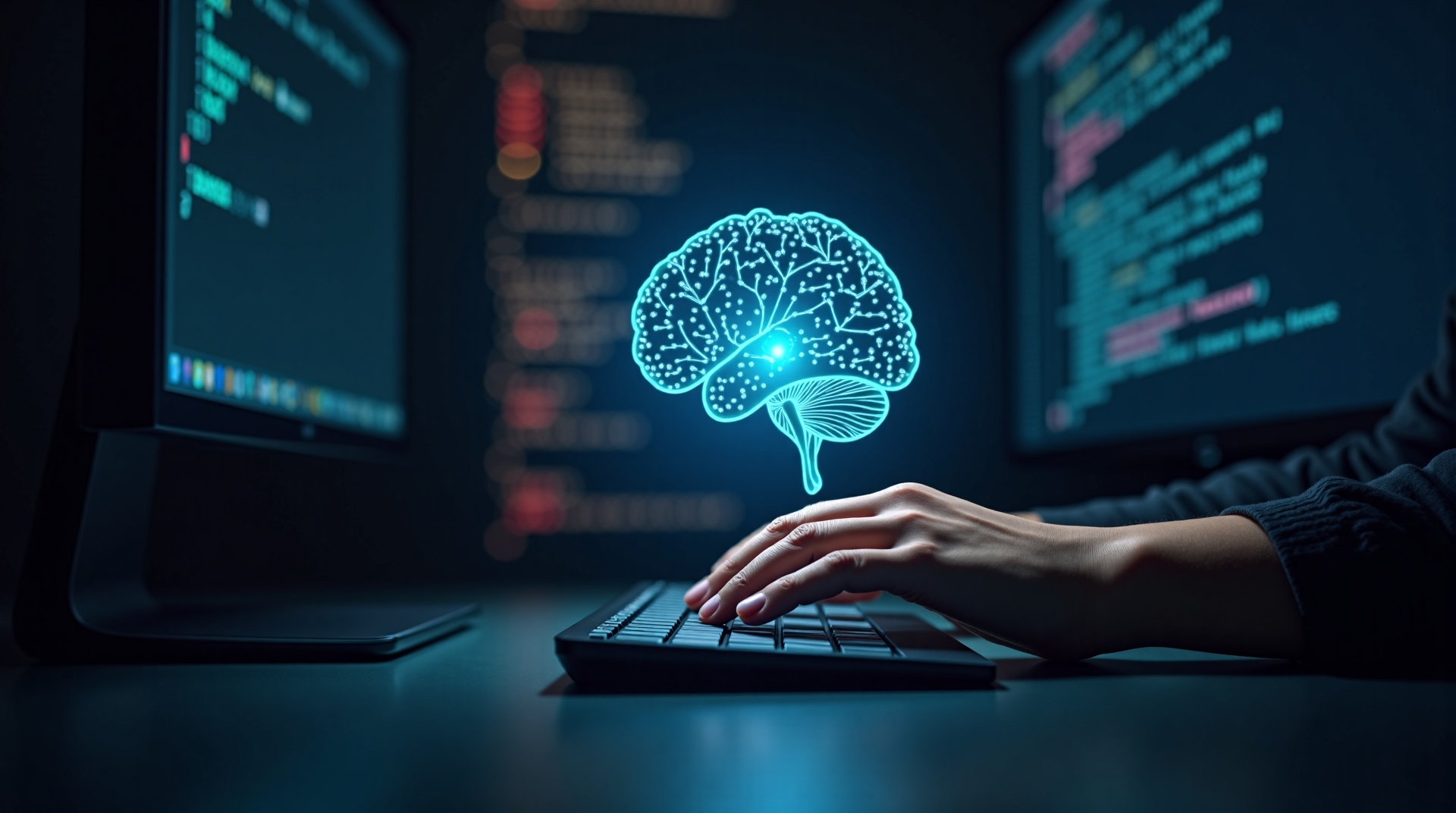 Um close-up de uma mão humana digitando em um teclado futurista, enquanto um holograma tridimensional de um complexo grafo de rede neural se projeta acima da mesa. Ao fundo, um monitor exibe código de programação e visualizações de dados, com uma paleta de cores azuis e roxos, simbolizando a fusão entre a inteligência humana e artificial na tomada de decisões de negócios.