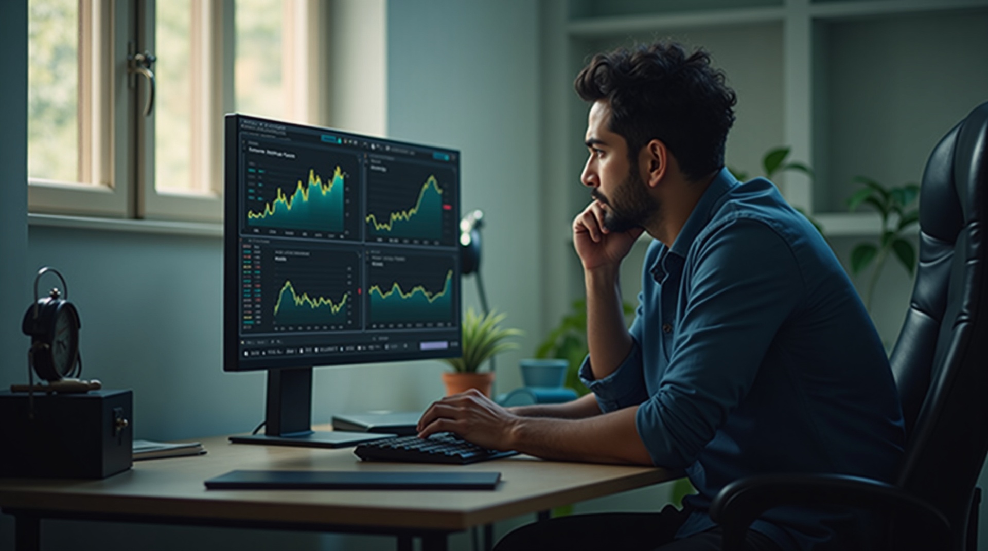 Empreendedor MEI analisando dados financeiros, gráficos de desempenho, tomada de decisão estratégica, otimização de lucros