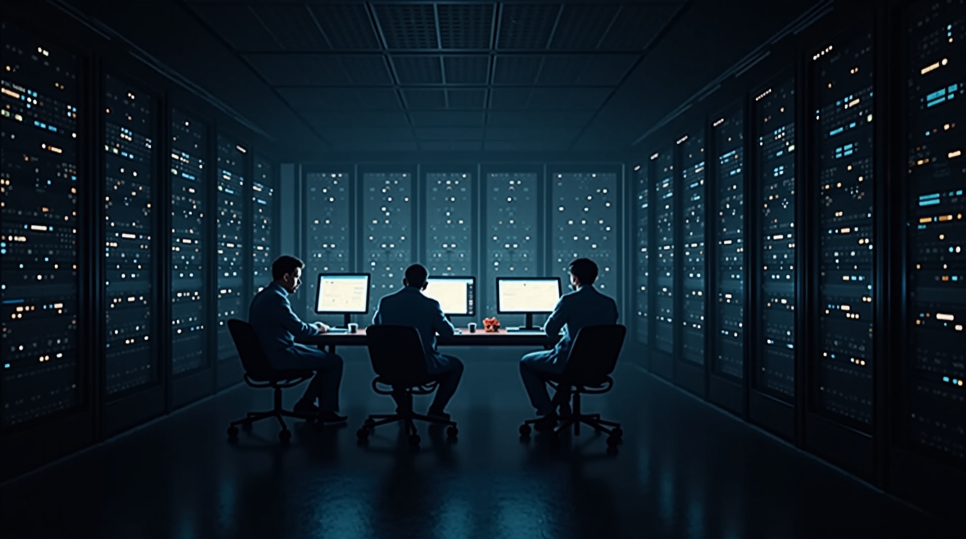 Um laboratório de tecnologia com cientistas trabalhando em computadores conectados a grandes servidores, representando o desenvolvimento de IA na OpenAI. 