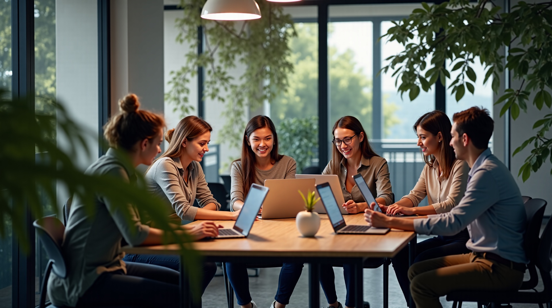 Uma cena de equipe colaborativa em um escritório moderno, com pessoas de diversas etnias e idades interagindo em torno de uma mesa com laptops e tablets. A iluminação deve ser natural e acolhedora, transmitindo uma atmosfera de harmonia e produtividade. Elementos como plantas e design ergonômico do mobiliário reforçam a ideia de um ambiente de trabalho saudável e inovador, ideal para o crescimento do negócio e retenção de talentos. 