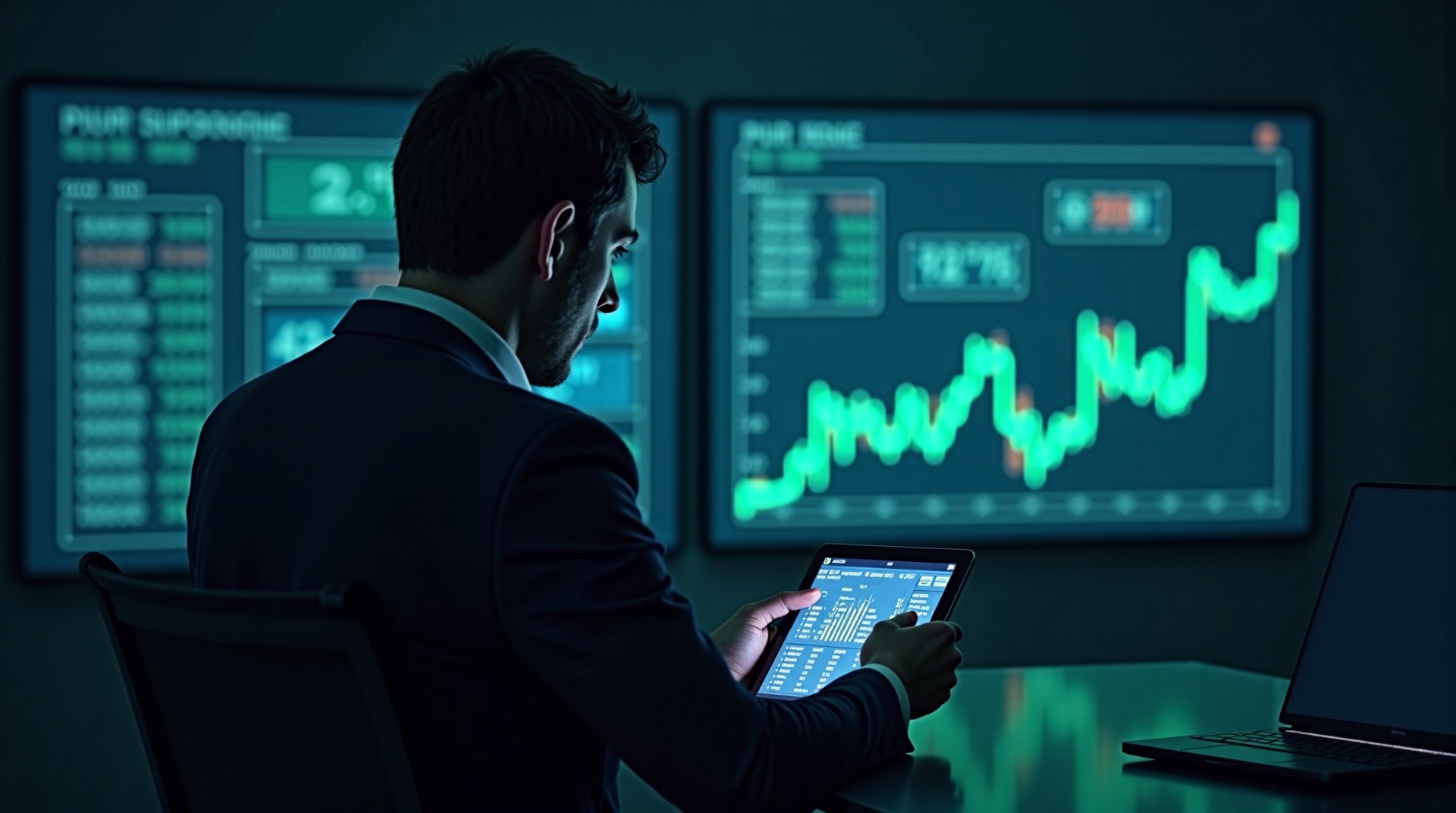 Uma cena noturna em um escritório moderno, com um empresário de terno elegante e cabelos grisalhos, com olhar concentrado, analisando gráficos complexos em um tablet holográfico. Ao fundo, um grande painel de vidro exibe projeções de mercado e indicadores financeiros, com luzes azuis e verdes dominando o ambiente, transmitindo uma sensação de inovação e planejamento estratégico avançado.