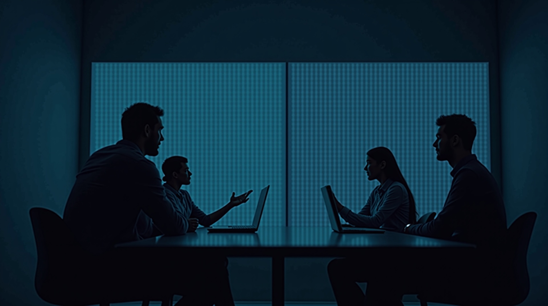 Uma equipe multidisciplinar de executivos e analistas de dados, sentados em uma sala de reunião de alta tecnologia, interagindo com telas touch screen gigantes que exibem painéis de controle dinâmicos com KPIs, gráficos de tendências de mercado e projeções futuras. A iluminação é clara e moderna, e há uma atmosfera de colaboração e foco intenso na interpretação de dados estratégicos. 
