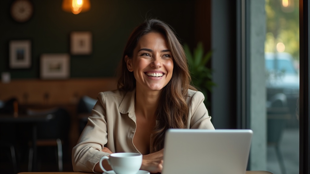 MEI controlando finanças com tablet, gráficos de crescimento, empreendedora feliz