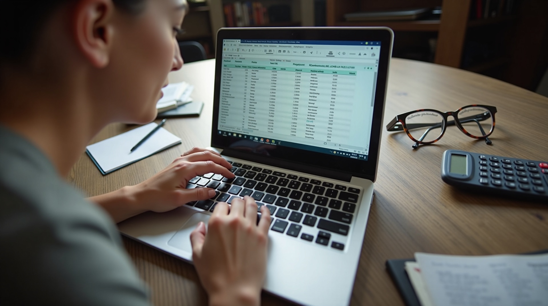 Uma pessoa sentada a uma mesa com um laptop aberto, exibindo uma planilha financeira, cercada por anotações e uma calculadora.