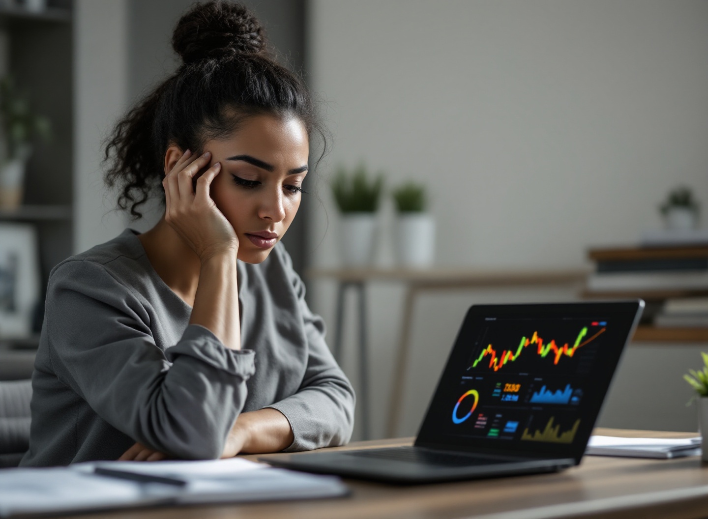Empresário analisando finanças em escritório moderno