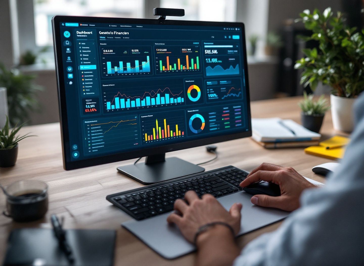 Dashboard de software de gestão financeira em uso