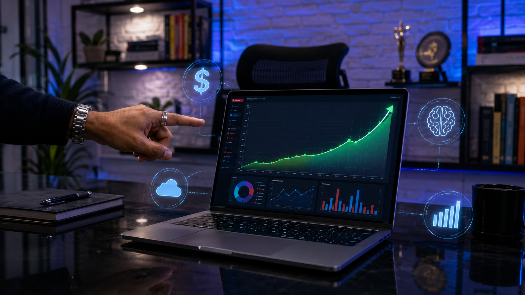 Empreendedor analisando dashboard de crescimento exponencial em laptop, símbolo de sucesso em negócios digitais 2026