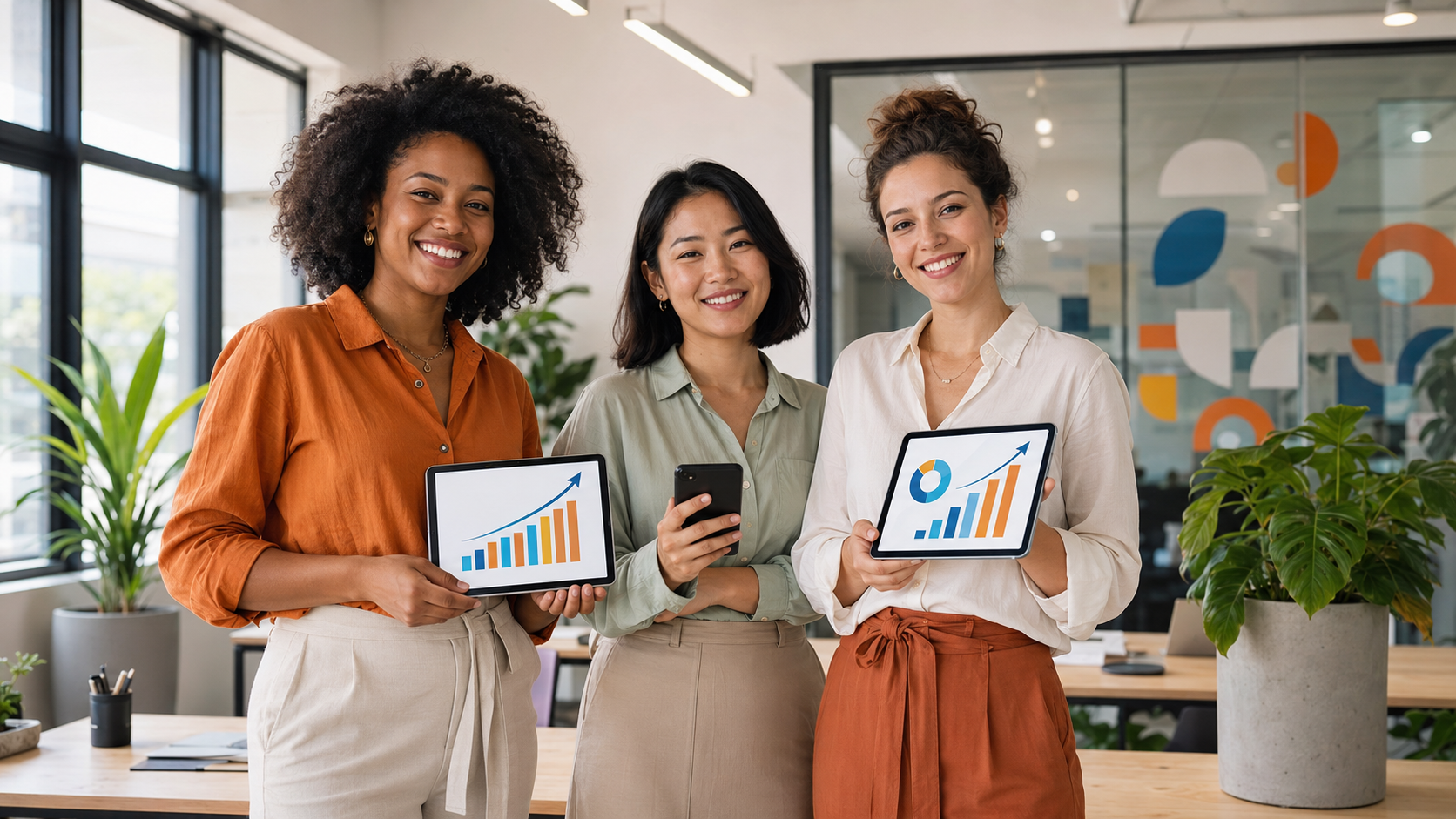 Três empreendedoras em coworking analisando crescimento de negócios em tablets, representando inovação empresarial 2026