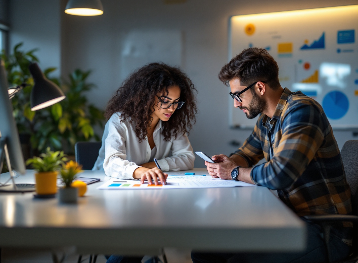 Profissionais analisando planilha de controle financeiro em workspace moderno