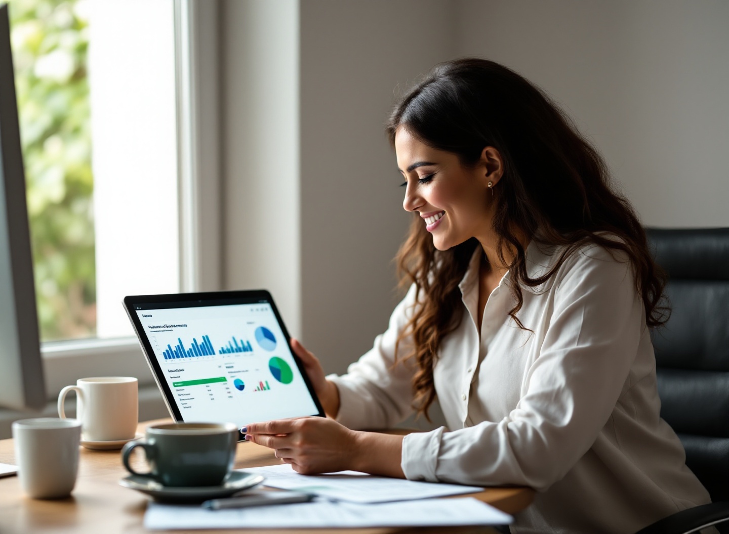 Faturamento não é lucro! Como uma planilha de orçamento empresarial revela os vazamentos do seu caixa 3 Mulher empreendedora analisando gráficos de faturamento e despesas em planilha de orçamento, identificando margem de lucro real