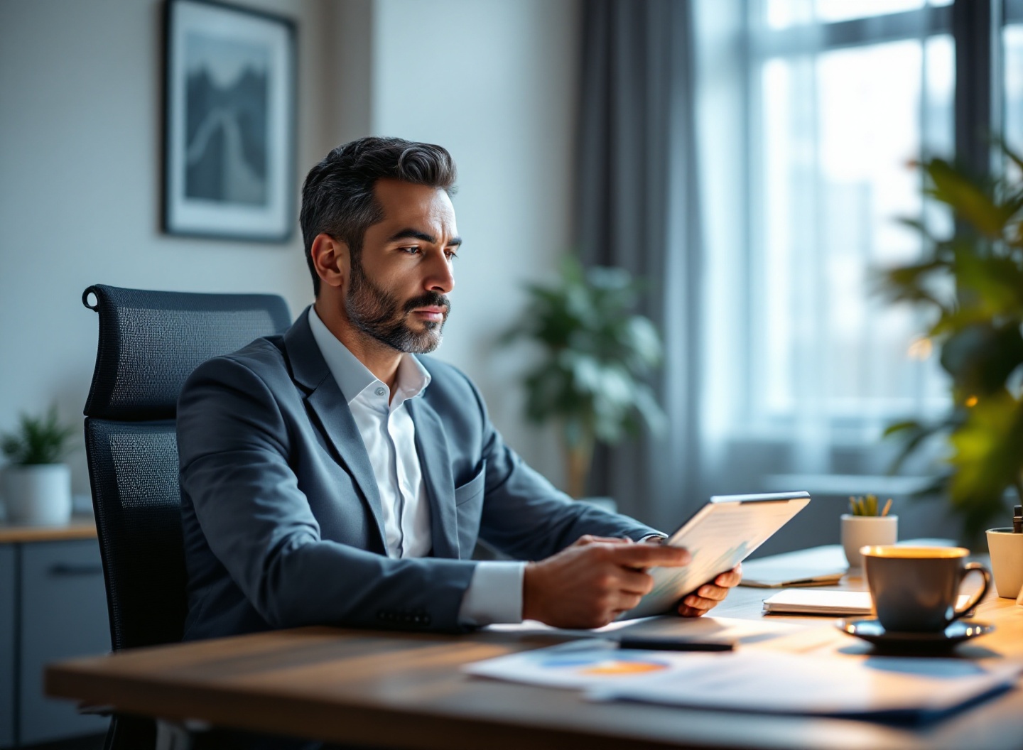 Empresário analisando gráficos de gestão financeira em tablet