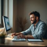 MEI analisando planilha de fluxo de caixa no computador com satisfação e controle financeiro