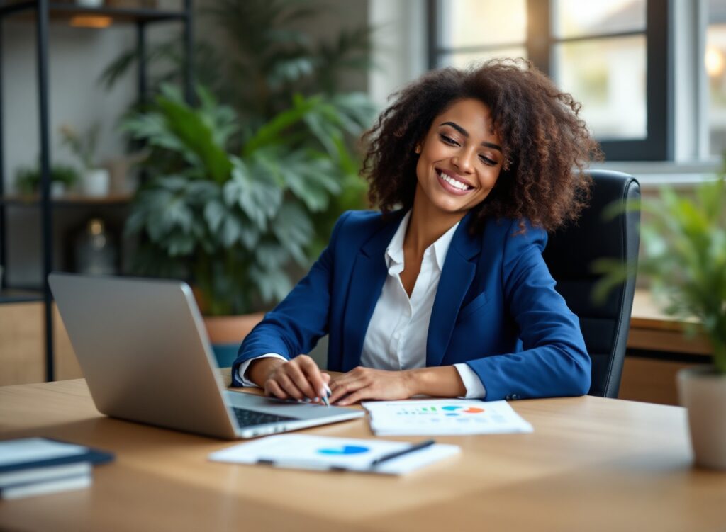 Empreendedora analisando planilha de controle financeiro no computador em escritório moderno