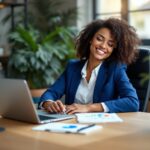 Empreendedora analisando planilha de controle financeiro no computador em escritório moderno