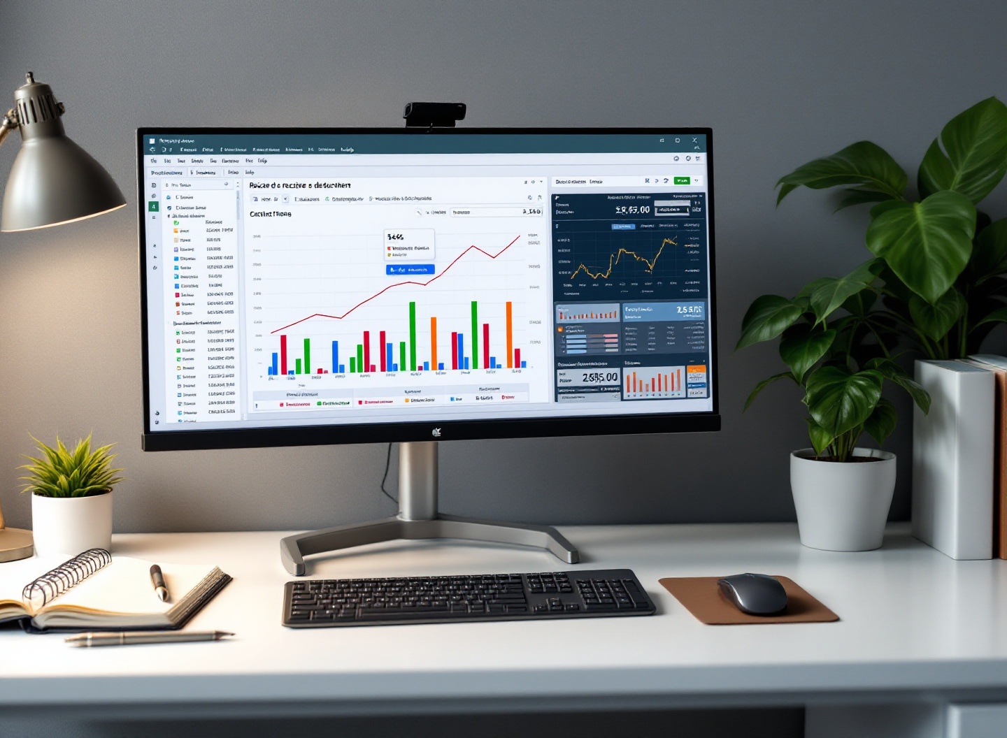 Planilha de controle financeiro em Excel com gráficos de receitas e despesas em monitor de computador