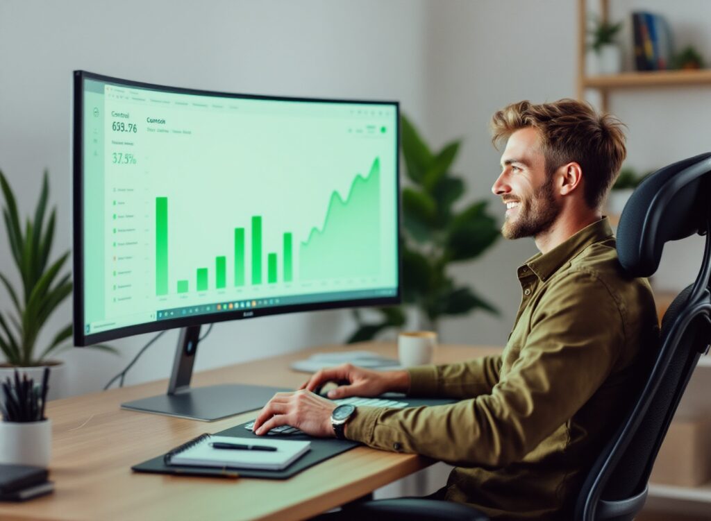 Empreendedor satisfeito analisando planilha de controle financeiro com gráficos de crescimento em monitor moderno