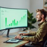 Empreendedor satisfeito analisando planilha de controle financeiro com gráficos de crescimento em monitor moderno