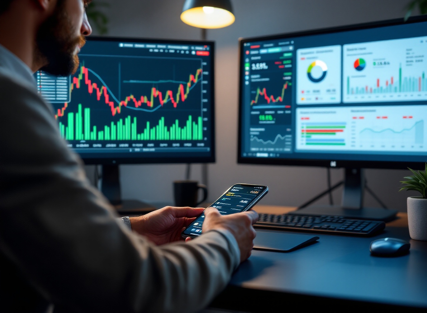 Empresário monitorando capital de giro em múltiplos dispositivos com dados financeiros em tempo real