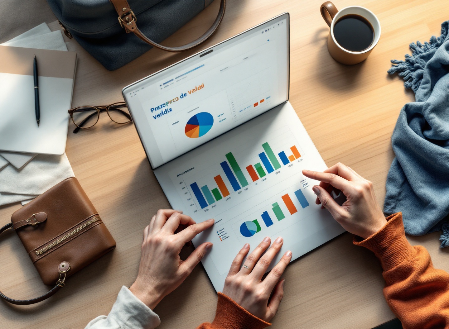 Planilha de preço de venda aberta no notebook com gráficos e produtos ao lado em mesa de trabalho