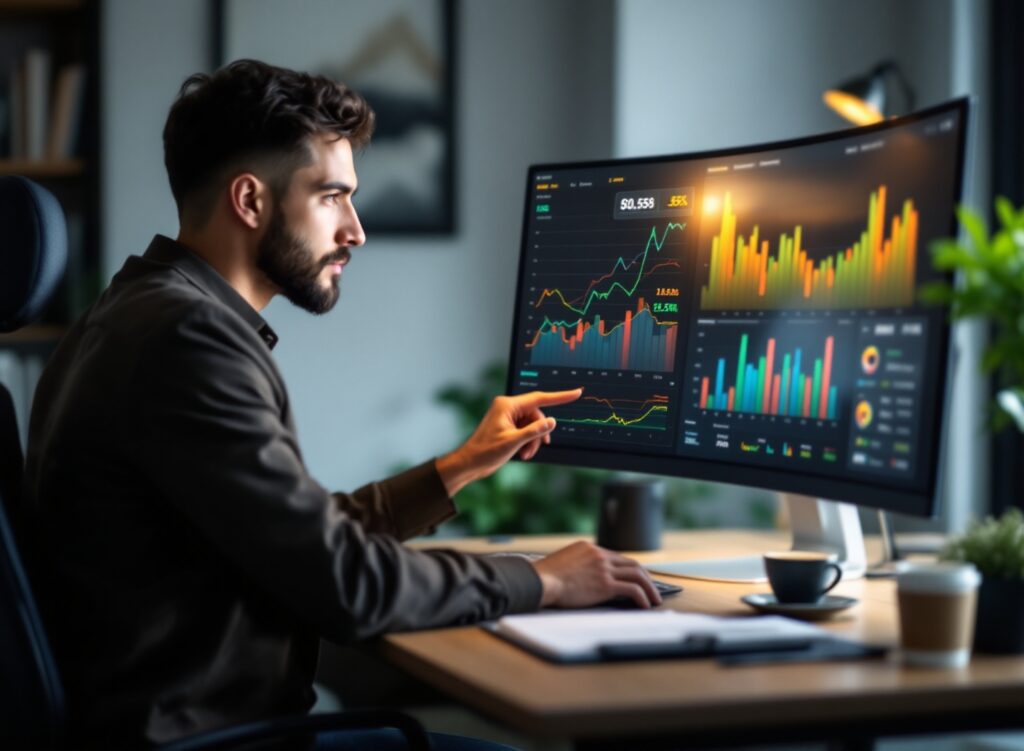 Empreendedor analisando gráficos de faturamento, despesas e lucro em planilha de orçamento empresarial, revelando vazamentos de caixa e oportunidades de crescimento financeiro