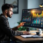 Empreendedor analisando gráficos de faturamento, despesas e lucro em planilha de orçamento empresarial, revelando vazamentos de caixa e oportunidades de crescimento financeiro