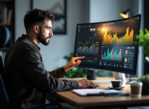 Empreendedor analisando gráficos de faturamento, despesas e lucro em planilha de orçamento empresarial, revelando vazamentos de caixa e oportunidades de crescimento financeiro