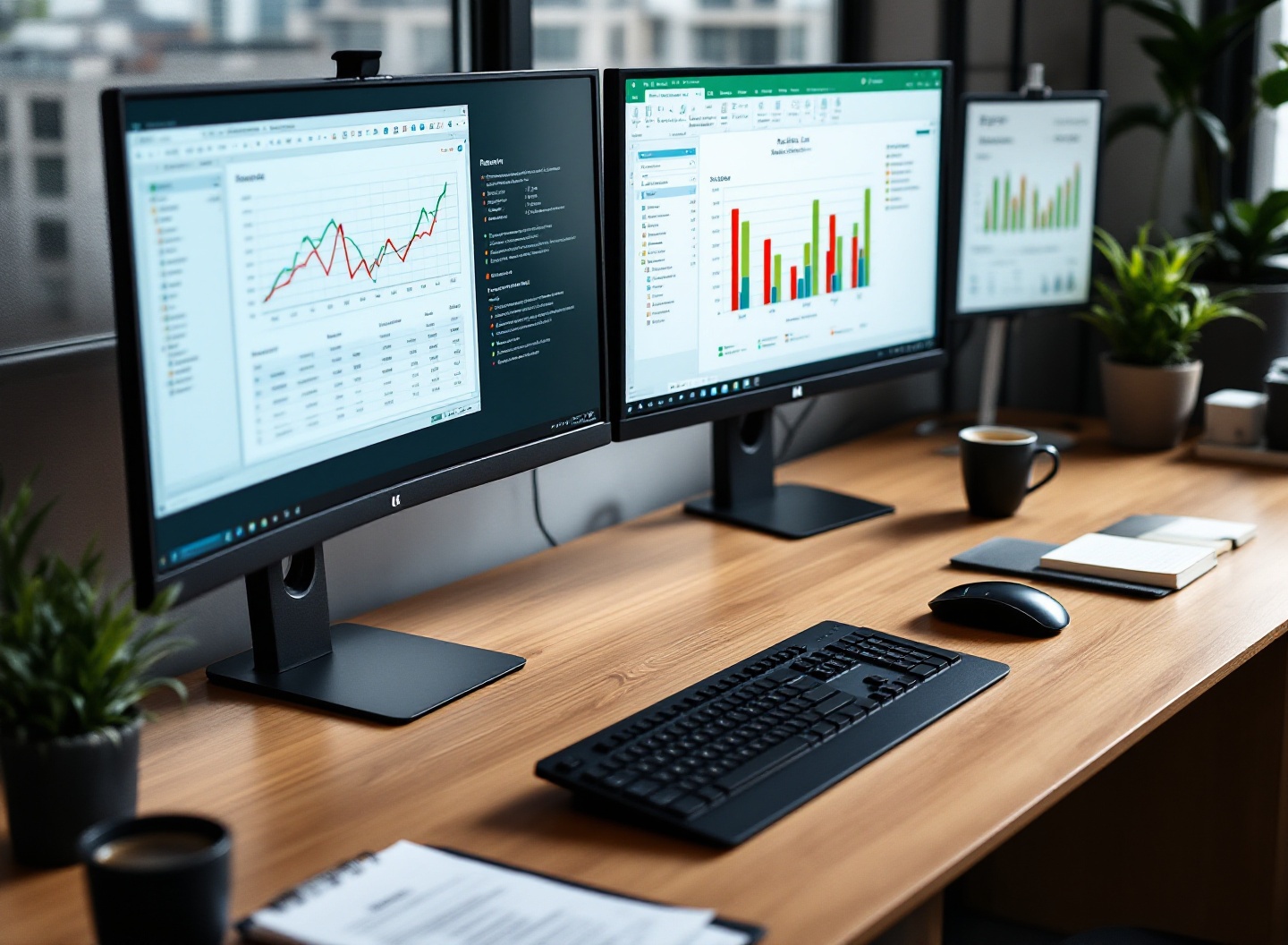 Planilha Excel de fluxo de caixa com gráficos profissionais exibida em monitor desktop