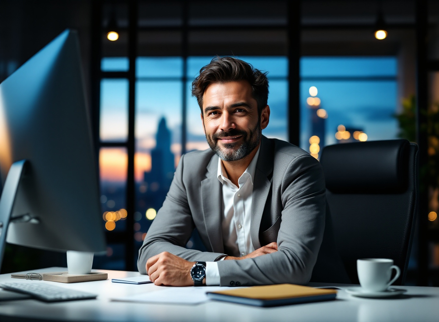 Empreendedor analisando controle financeiro empresarial em monitor com gráficos de crescimento