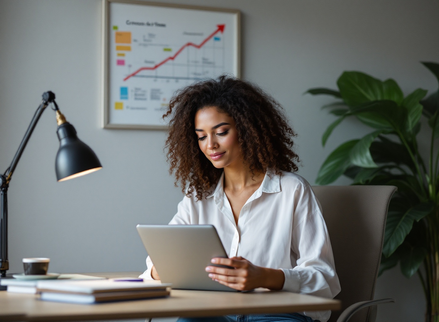Empreendedora analisando gráfico de crescimento financeiro em seu ambiente de trabalho