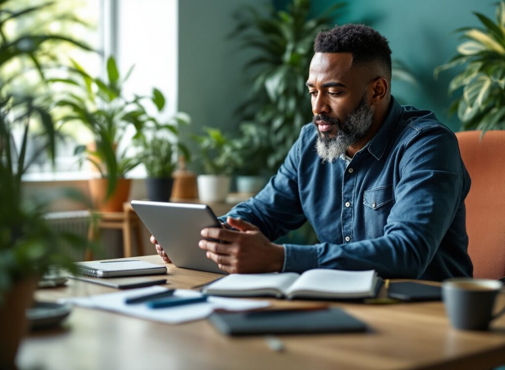 Empreendedor analisando planilha de fluxo de caixa em tablet com gráficos financeiros em escritório moderno