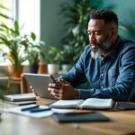 Empreendedor analisando planilha de fluxo de caixa em tablet com gráficos financeiros em escritório moderno