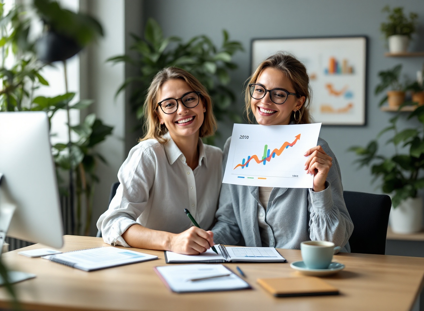 Mulher empreendedora analisando gráfico de margem de lucro, planejamento financeiro de negócio