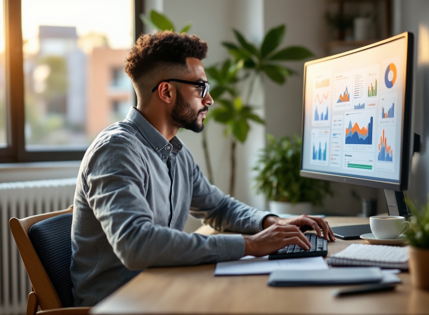 Fluxo de Caixa Google Planilhas: Guia Completo 2 Empreendedor analisando planilha de fluxo de caixa no Google Planilhas em escritório home office com iluminação natural