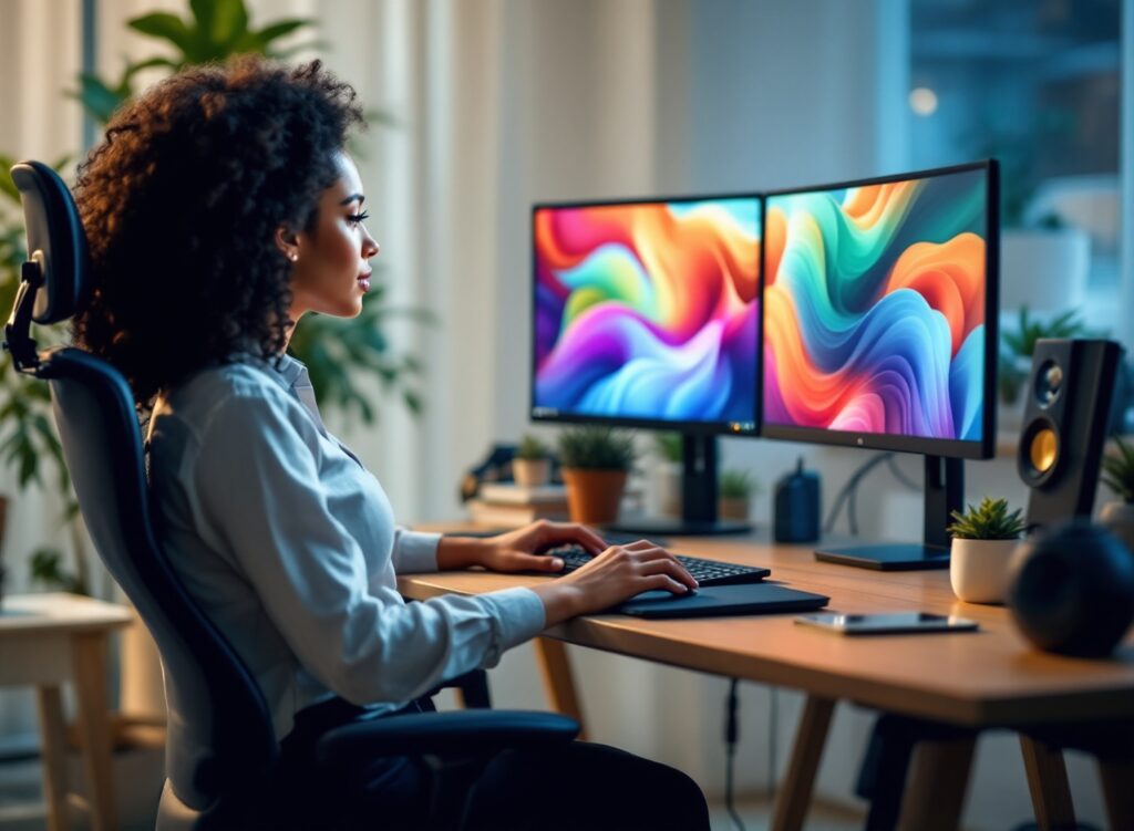 Empreendedora bem-sucedida controlando fluxo de caixa em Google Planilhas em escritório moderno com múltiplos monitores e ambiente profissional de alta produtividade