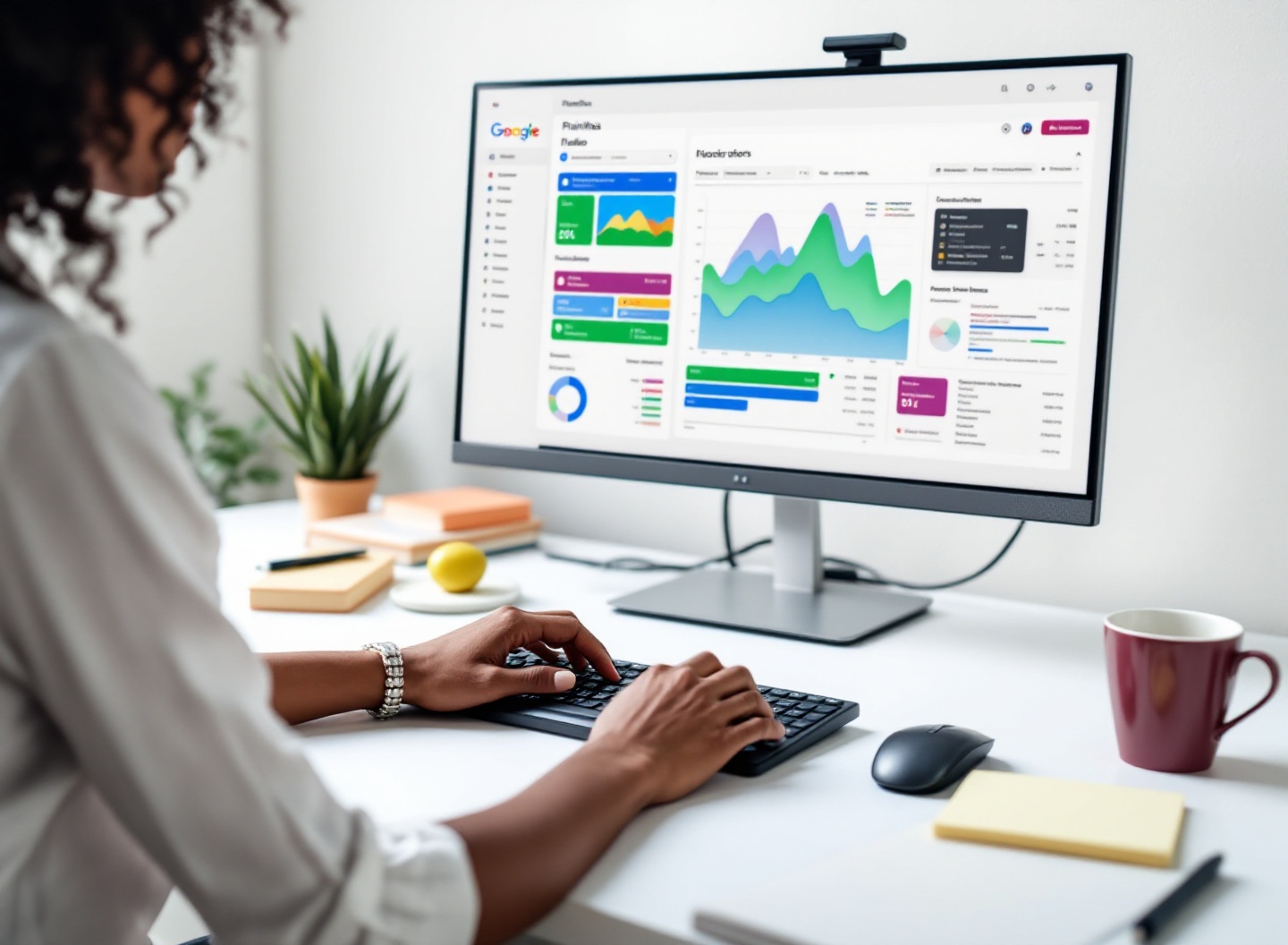 Fluxo de Caixa Google Planilhas: Guia Completo 3 Mulher profissional digitando dados de fluxo de caixa em Google Planilhas com monitor grande e ambiente de escritório organizado