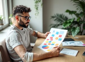 Empreendedor analisando planilha de controle de despesas e faturamento em mesa de trabalho
